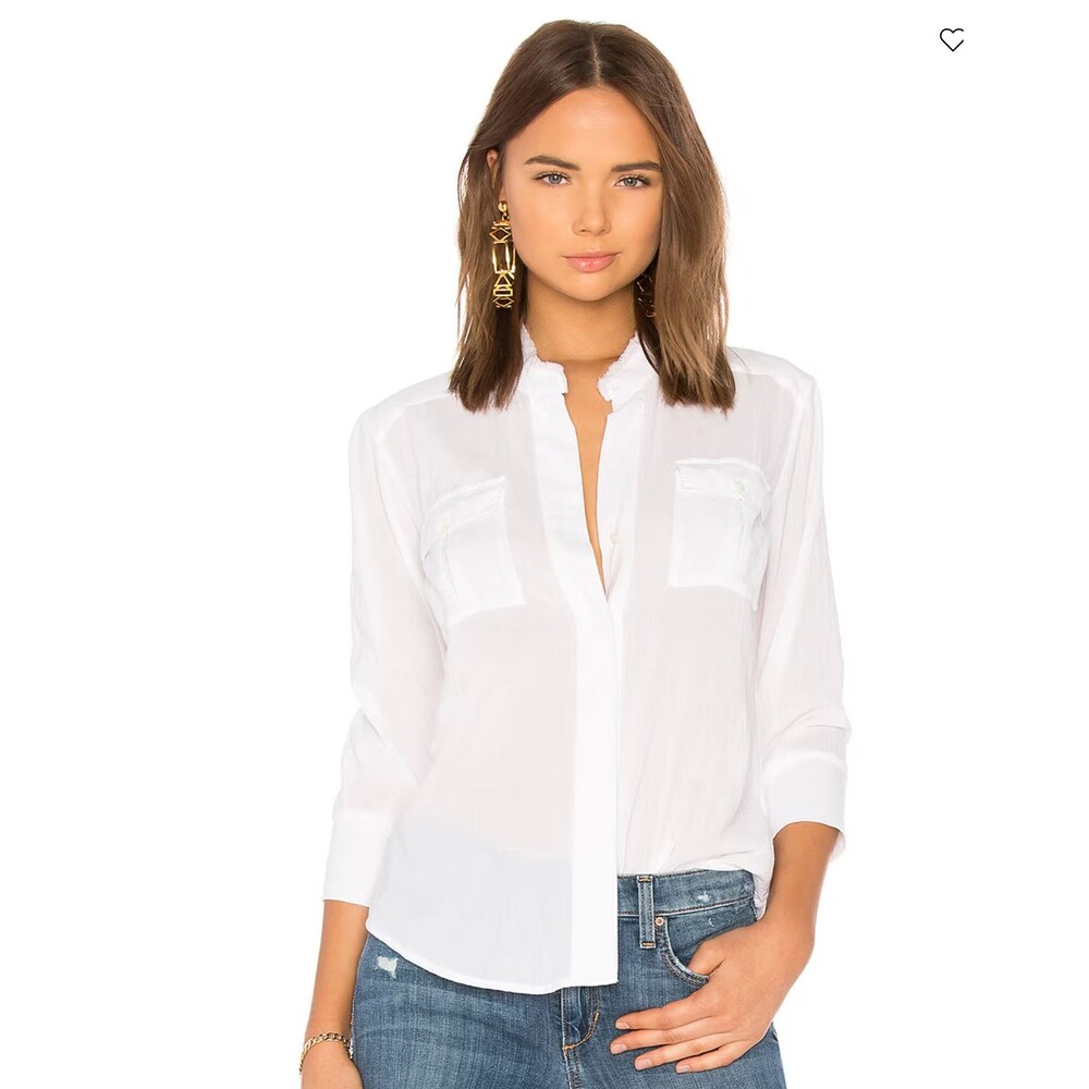 James Perse Shirt Women 1 White Collarless Safari Cotton Button Front 3/4 Sleeve